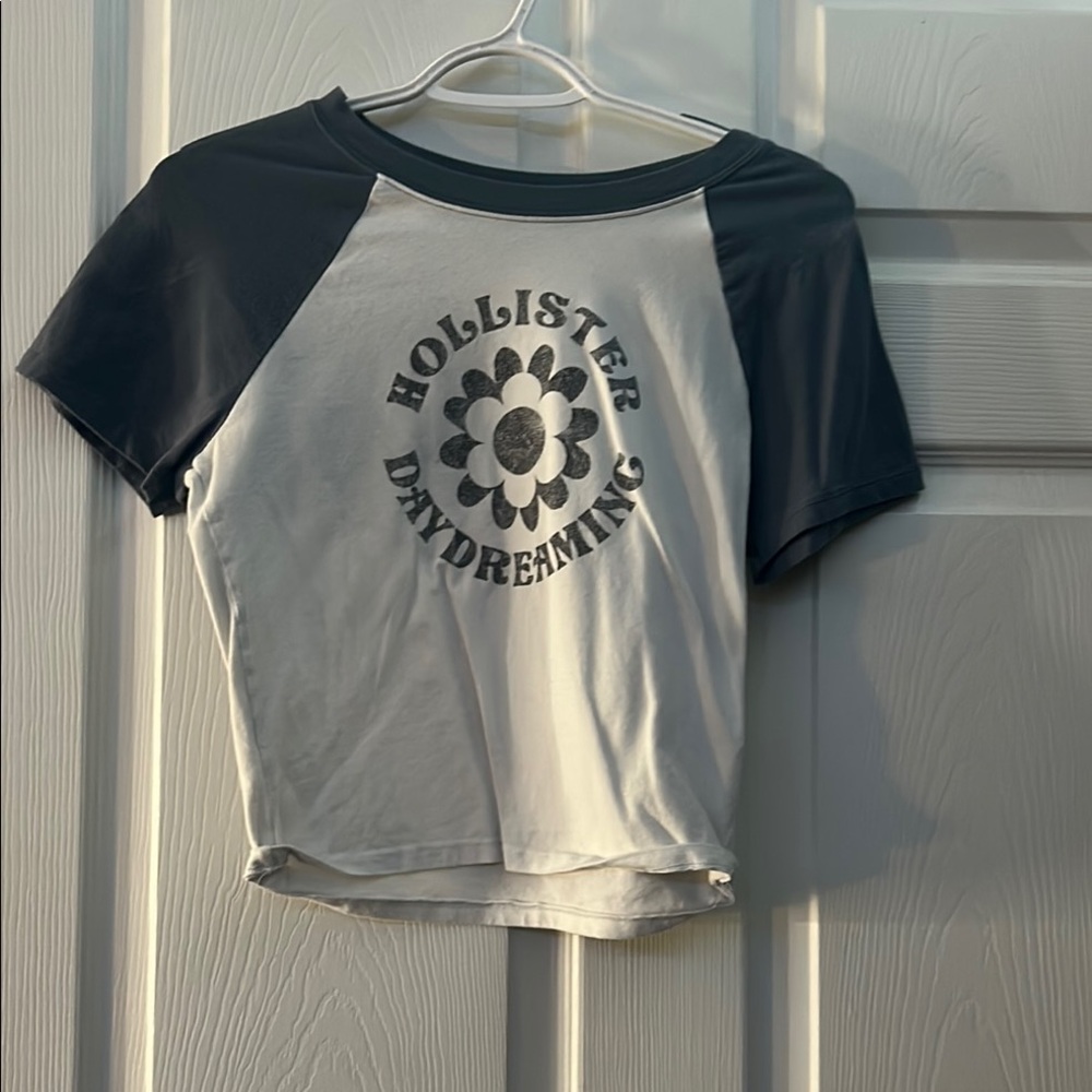 Hollister White and Blue Raglan Crop Tee